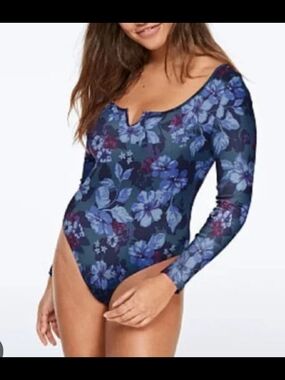 PINK Victoria's Secret Blue Floral Print Thong Bodysuit